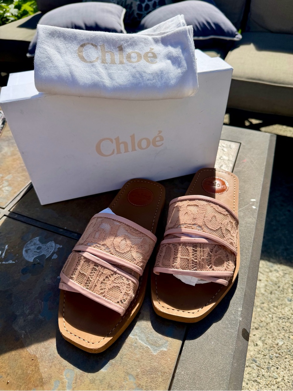 Chloé Blush Pink Lace Slide Sandals